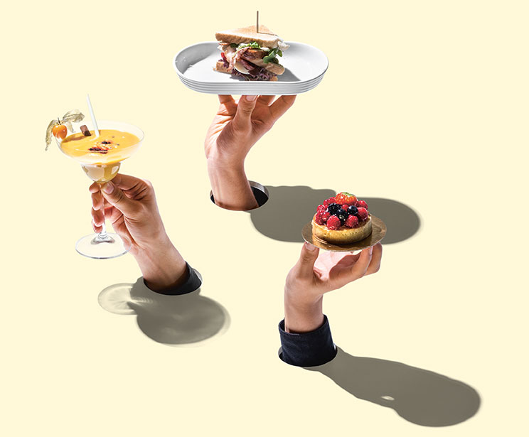 Collage – Vier Hände ragen aus dem Fundament und präsentieren Snacks (Foto)